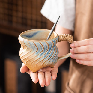 【复古宅寂风陶瓷杯】270ml马克杯粗陶复古窑变螺纹水杯咖啡杯子