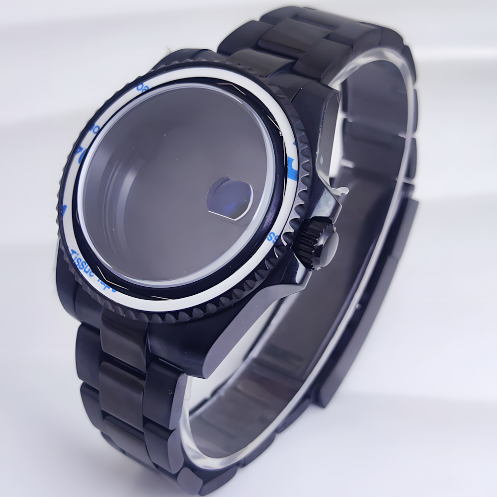 40MM精钢NH35黑色表壳表带套装蓝宝玻璃适合NH35/NH34机芯折叠扣