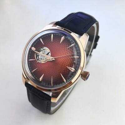 NH38日本进口机芯40MM玫瑰金镂空机械表 皮带渐变红盘机械腕表