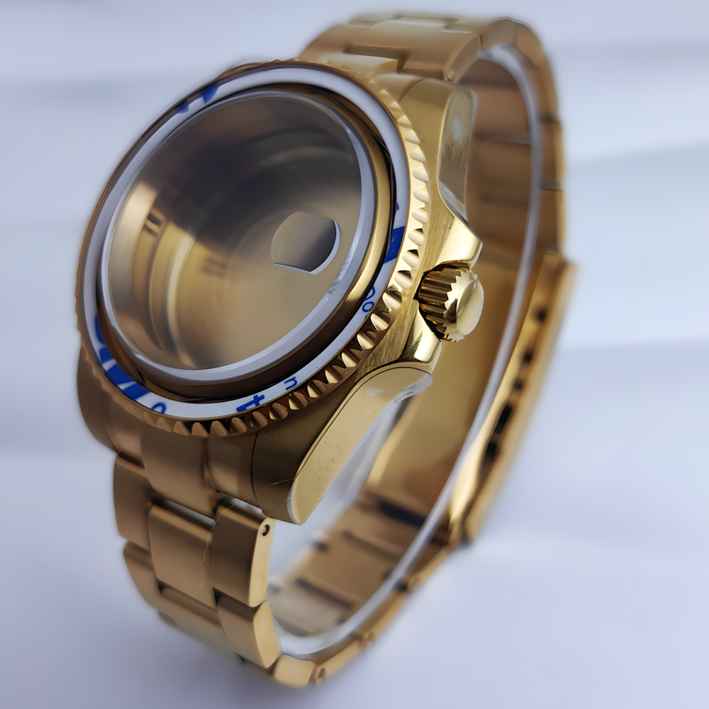 40MM精钢NH35金色表壳表带套装蓝宝玻璃适合NH35/NH34机芯拉牙扣