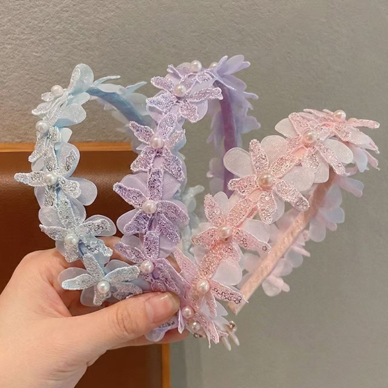 儿童花朵发箍网纱珍珠头饰女童公主风发饰可爱韩系发卡宝宝礼服配图片