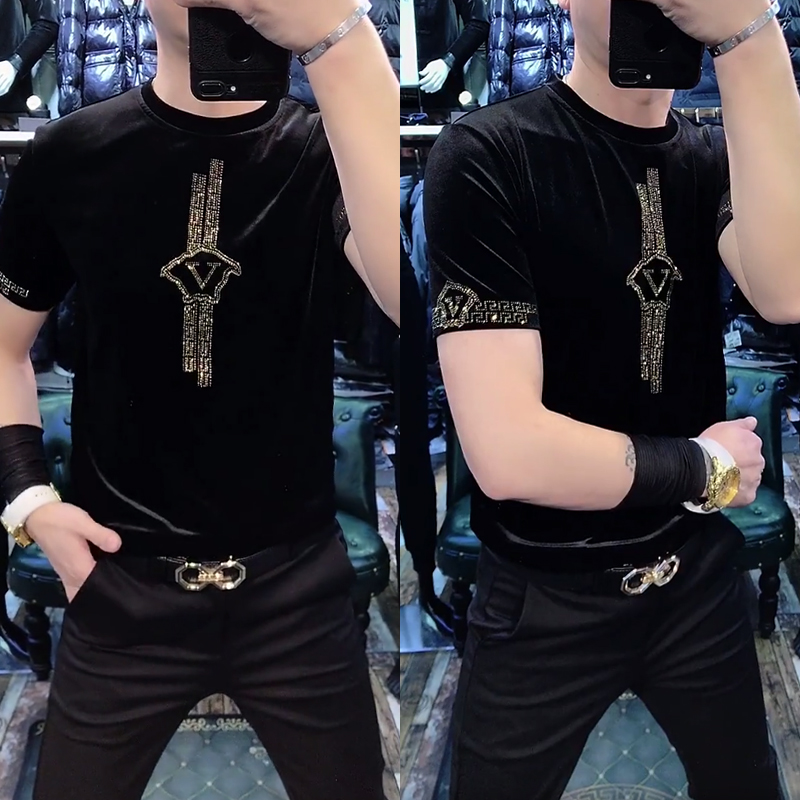 欧洲站短袖男2023新款夏季金丝绒烫钻圆领t恤网红时尚半袖打底衫