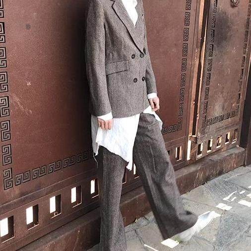 o9花蛋  工匠 小众 女款 复古羊毛混纺人字呢 西裤长裤 特