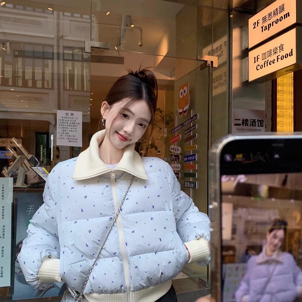 碎花针织短款棉服拼接棉袄