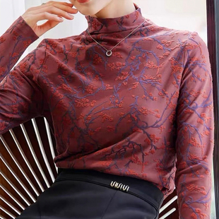 丹斯菲诺国风腈纶刺绣上衣女长袖复古印花提花秋冬打底衫女长袖