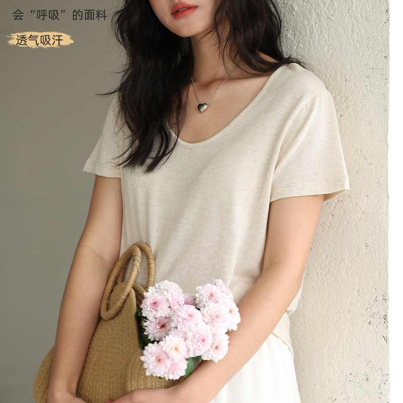 KUMU鹅蛋领针织T恤新款春夏天丝打底衫女亚麻亲肤显瘦短袖上衣