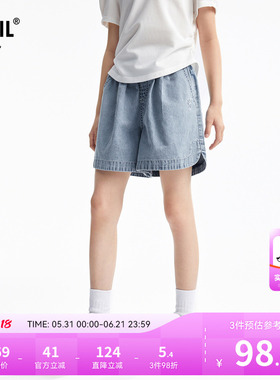 安奈儿童装女童牛仔短裤2026夏新款全棉弹力透气时尚中蓝色裤子