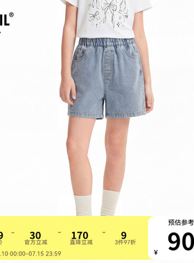 安奈儿童装女童牛仔短裤2026夏新款甜美弹力透气时尚浅蓝色裤子