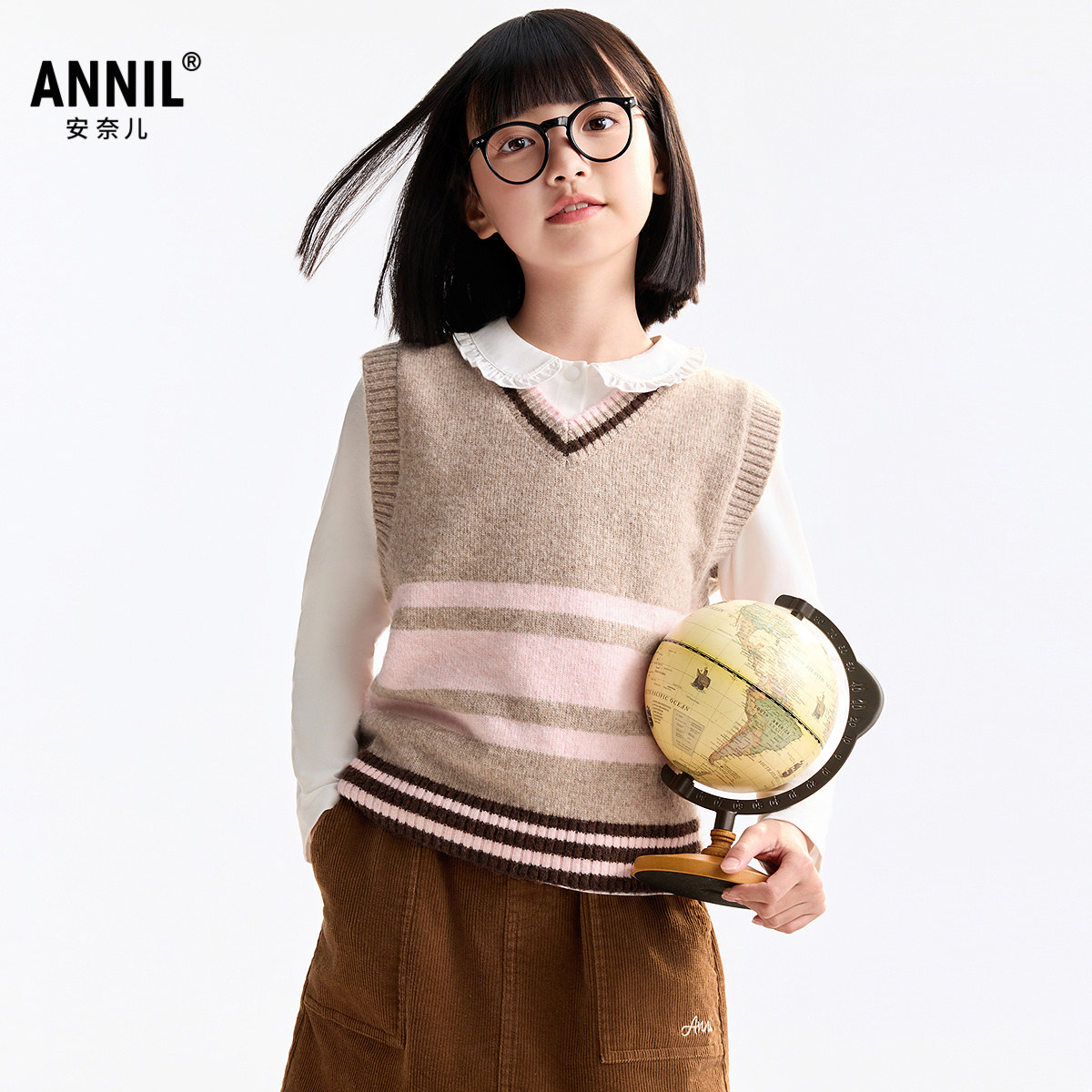 安奈儿童装男女童V领背心2025秋新款毛衣针织衫学院风保暖弹力