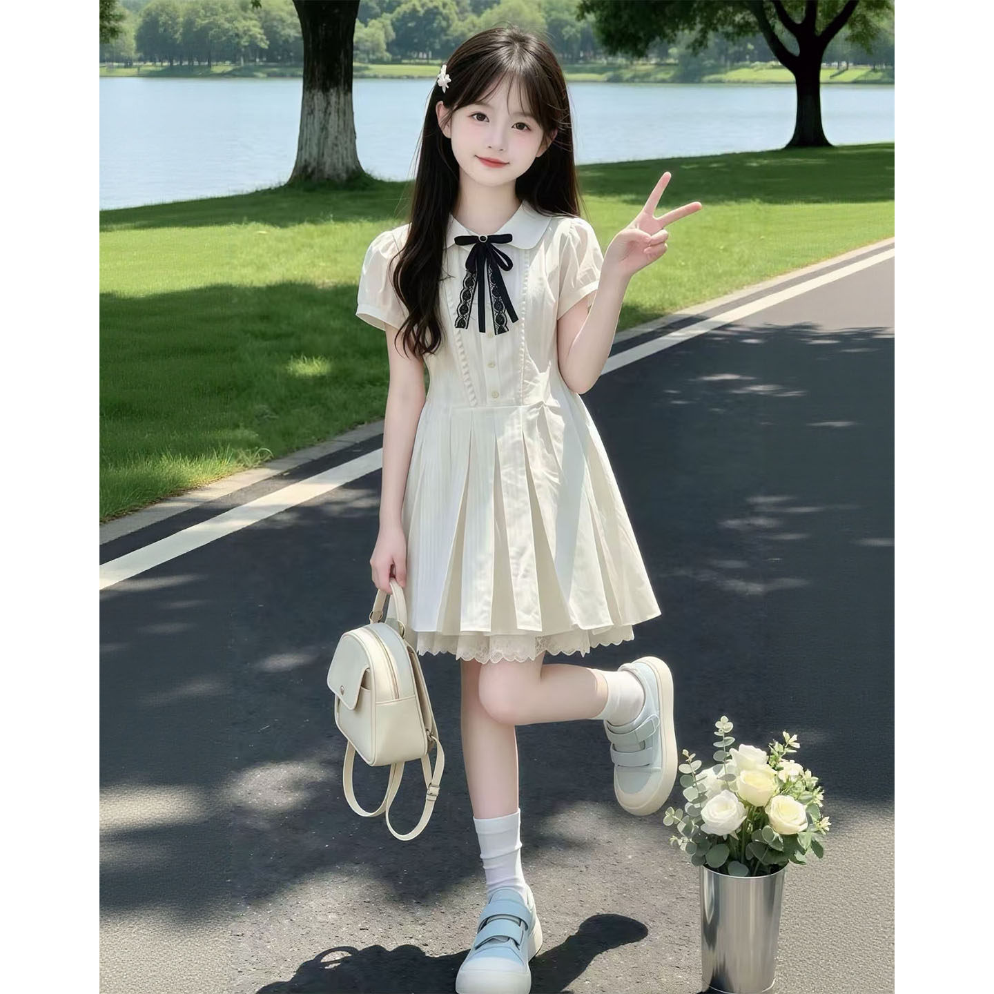 女童连衣裙夏季2026新款中大童学院风超好看小女孩白色儿童裙子夏