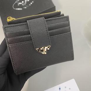牛皮革钱包卡夹时尚 欧美潮牌三角标十字纹短款 多卡位拉链卡包男女
