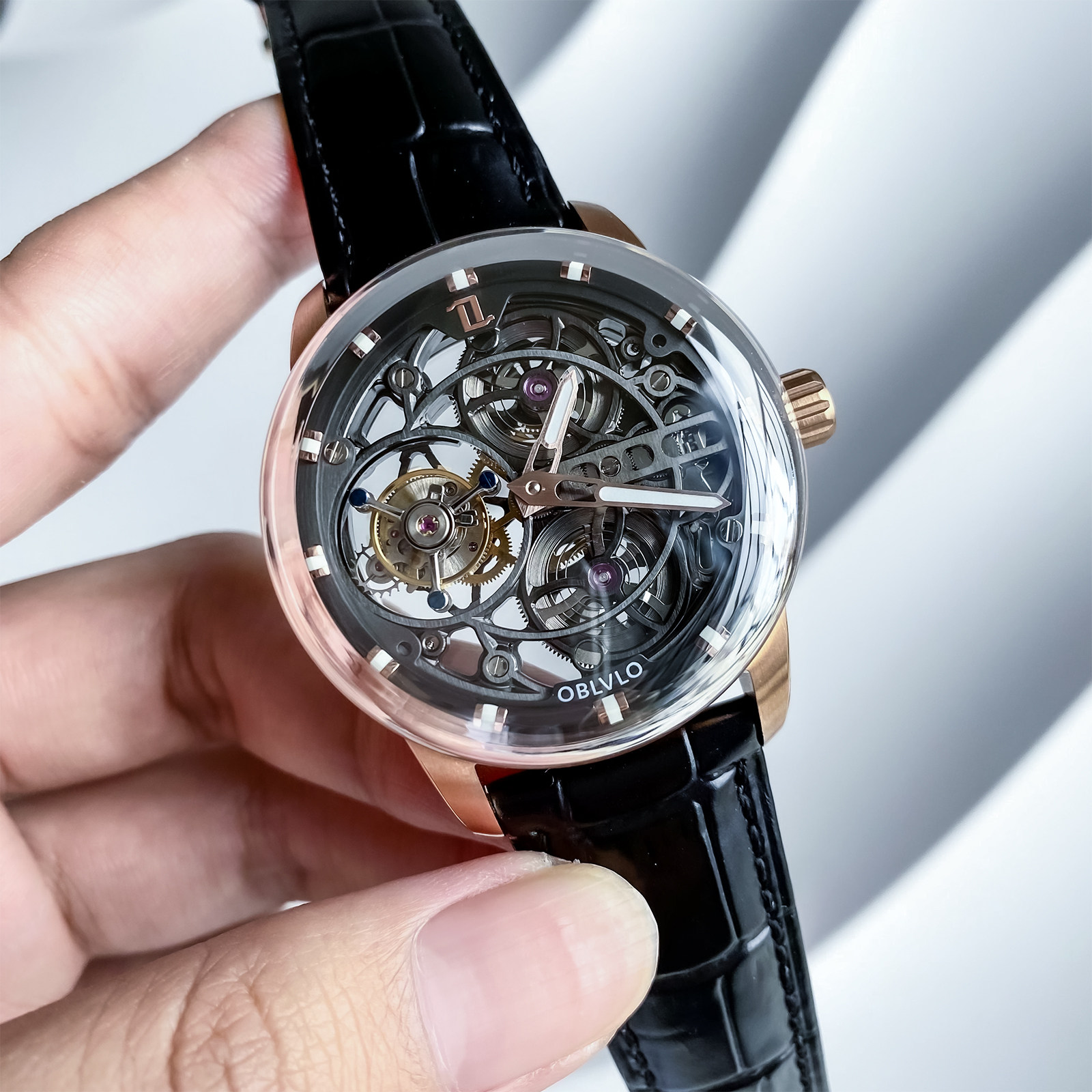 欧宝罗OBLVLO正品新款手动陀飞轮夜光镂空机械高档男表高端品牌
