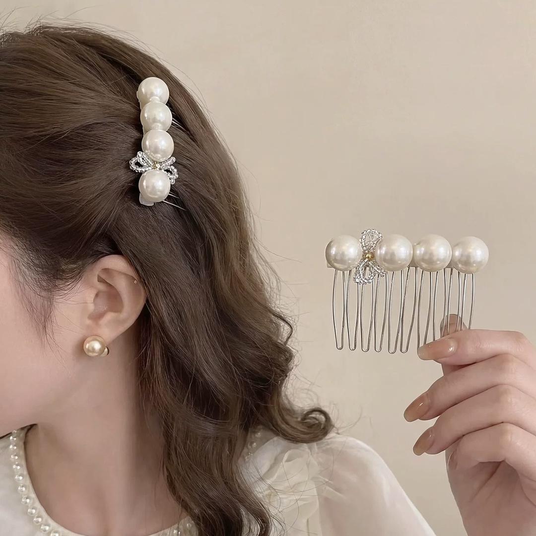 法式珍珠蝴蝶结梳子发梳女高级感精致高颅顶蓬松倒插梳慵懒风头饰
