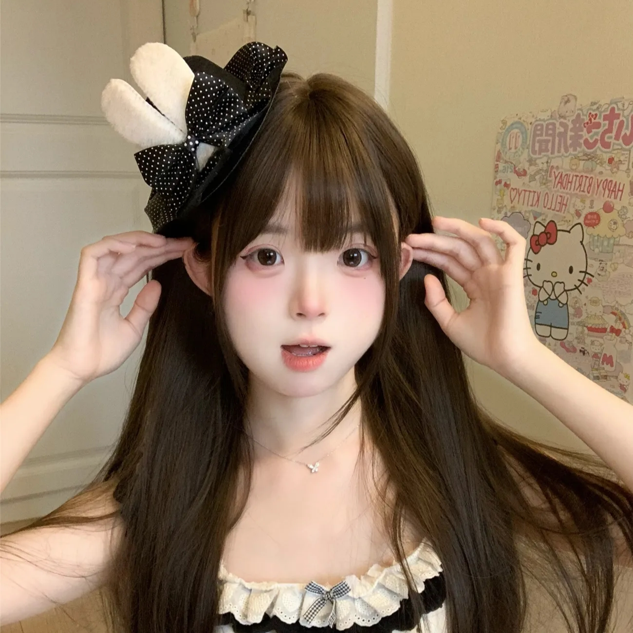 蕾丝黑色波点兔耳蝴蝶结礼帽发夹甜酷少女可爱头饰