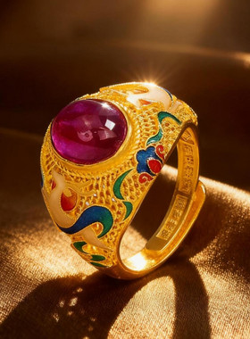 合金戒指 时尚古风敦煌九色鹿戒指高级百搭金色花丝镶嵌民族风