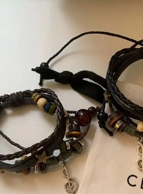 非金属布艺手链 复古民族风音符串珠多层拼接手链男个性情侣手绳