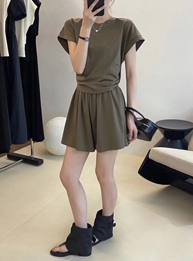 28972oit夏季休闲纯色韩版抽绳高腰减龄气质宽松显瘦短裤上衣套装