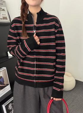 06830加厚新款条纹双拉链宽松慵懒风针织开衫秋冬百搭上衣毛衣