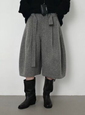 22073加绒加厚秋冬新款韩系高腰绑带阔腿毛呢七分裤女显瘦休闲裤