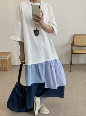 825324几布简约纯色中长款设计感不规则韩版拼接休闲宽松连衣裙