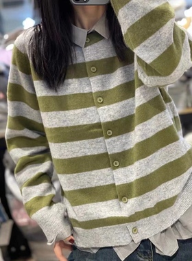 89132冬慵懒风韩版百搭休闲网红宽松条纹时尚加厚款长袖毛衣开衫