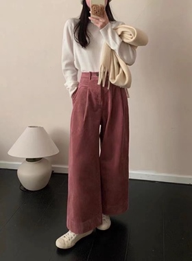 12723直筒加绒加厚瘦版阔腿裤休闲韩版复古高腰显瘦直筒休闲裤