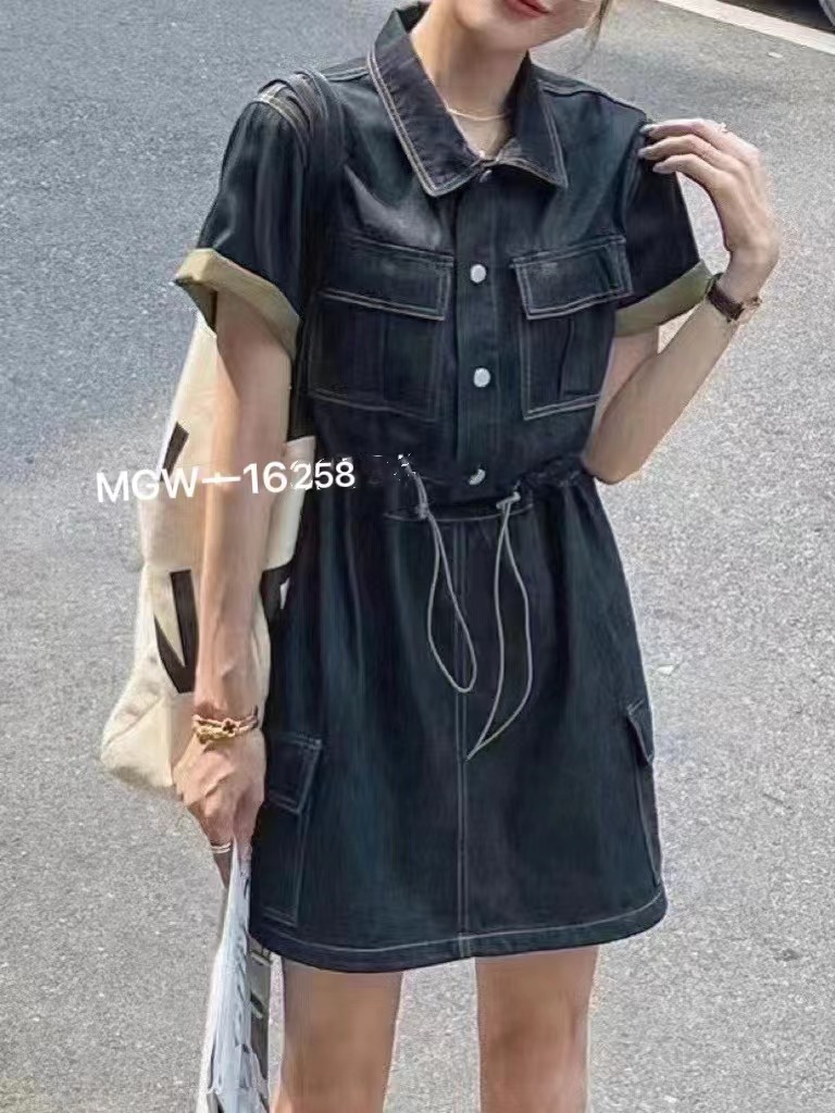 16258MGW韩版高腰收腰抽绳设计感气质休闲夏季复古牛仔宽松连衣裙