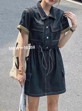 16258MGW韩版高腰收腰抽绳设计感气质休闲夏季复古牛仔宽松连衣裙