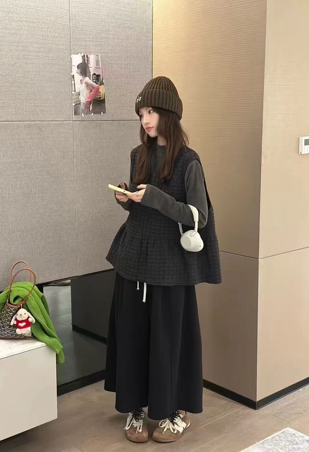 93229秋冬赫本风叠穿打底衫搭配绗缝宽松马甲套装加棉两件套