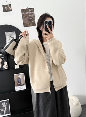 06691加厚蓝粒绒连帽常规款针织宽松型纯色衫百搭韩版连帽毛衣