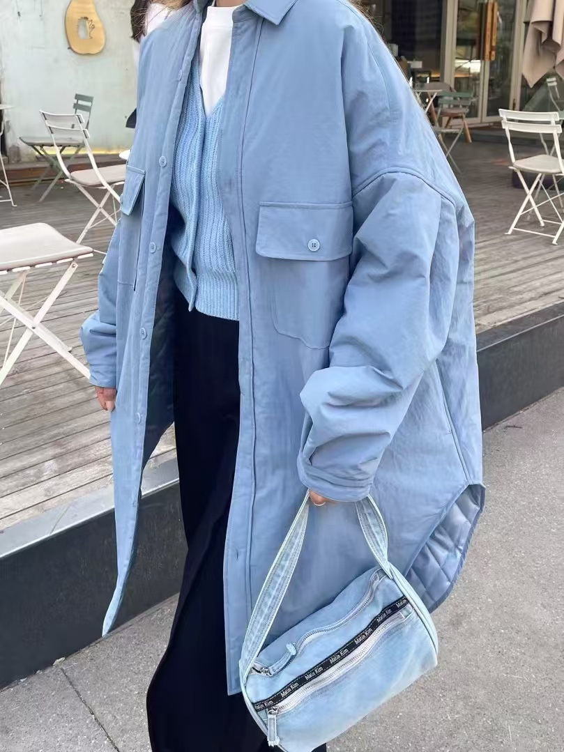 5750we韩版纯色中长款潮流百搭连帽宽松时尚休闲加棉加厚衬衣外套