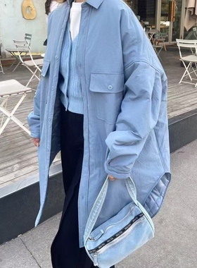 5750we韩版纯色中长款潮流百搭连帽宽松时尚休闲加棉加厚衬衣外套