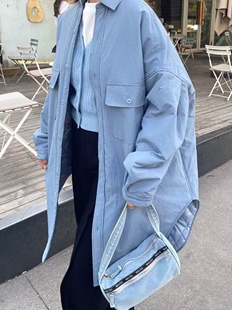 休闲加棉加厚衬衣外套 潮流百搭连帽宽松时尚 5750we韩版 纯色中长款
