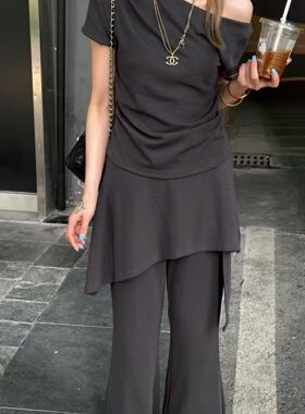 268225春夏Oit 新款慵懒风短袖上衣微喇裤套装女显瘦百搭