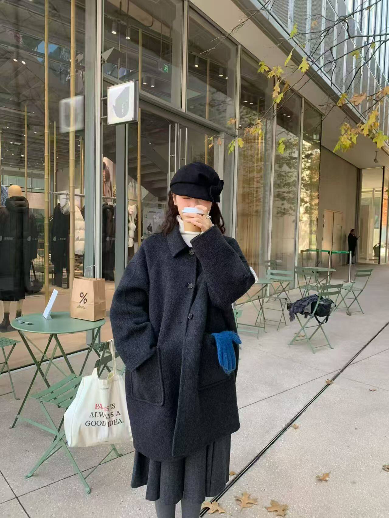 25-8808高端正品加厚韩版冬季保暖显瘦中长款翻领双面绵羊毛大衣