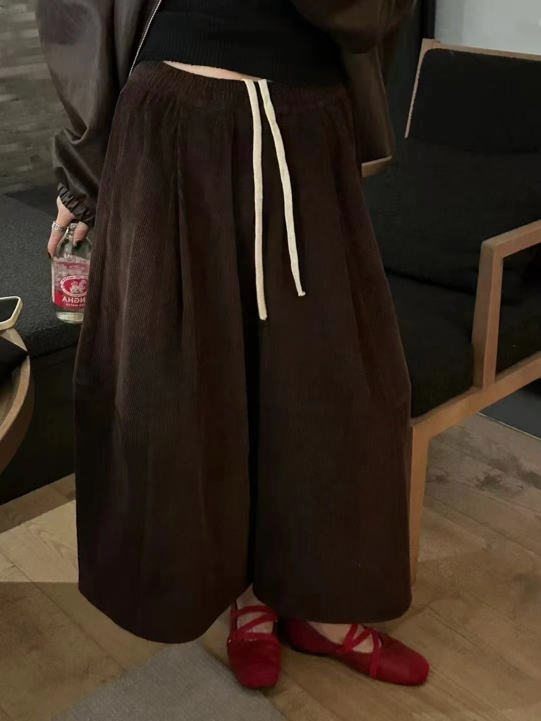 9904早秋时尚百搭纯色抽绳灯芯绒阔腿休闲裤七分大阔腿裤裙