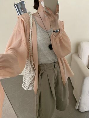 6701欢喜夏季新款韩系慵懒风宽松百搭抽绳显瘦连帽防晒衫女衬衣