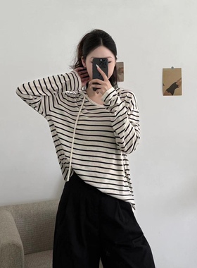 80771印花常规款翻领长袖条纹防晒带帽连帽纯欲风抽绳针织衫