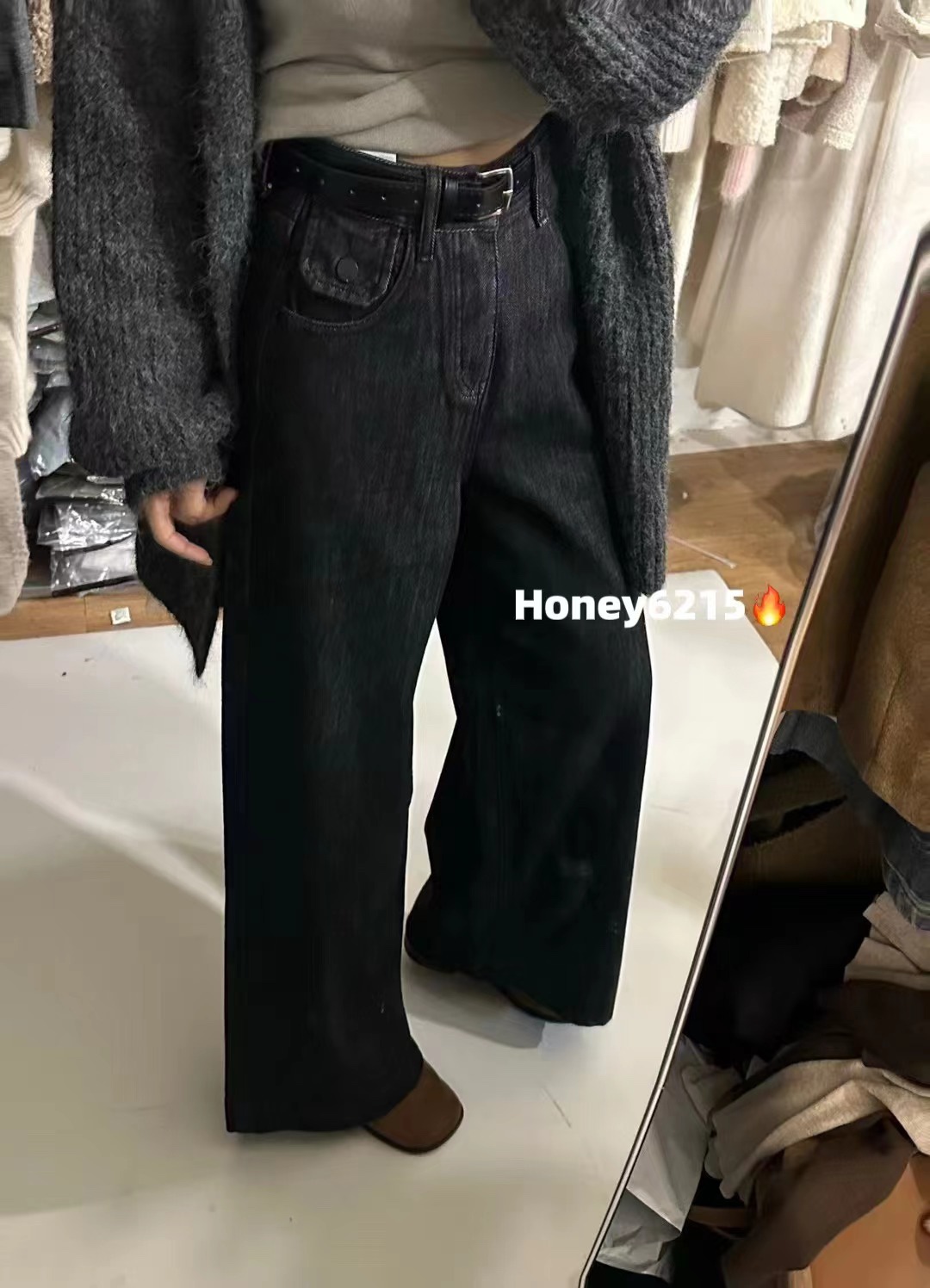 6215蜜糖冬季韩版复古加绒百搭黑色宽松休闲时尚显瘦高腰阔腿裤