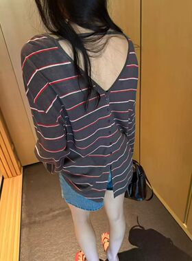 268612新款oit夏季韩系时尚宽松百搭条纹长袖防晒T恤女