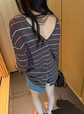 268612新款oit夏季韩系时尚宽松百搭条纹长袖防晒T恤女