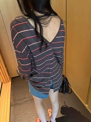 268612新款oit夏季韩系时尚宽松百搭条纹长袖防晒T恤女