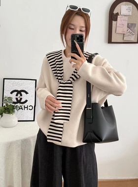 06719蓝粒绒加厚款慵懒风冬长袖条纹针织毛针织衫韩版带披肩毛衣