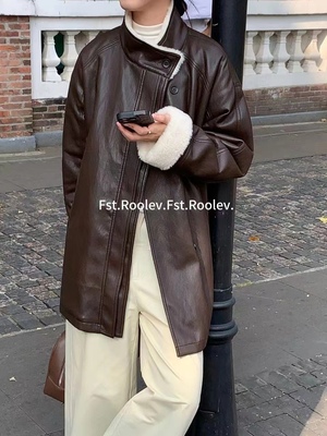 6366FST秋冬宽松加绒加厚皮毛一体复古中长款休闲气质皮衣外套