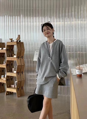 29060韩版轻奢秋冬慵懒纯色简约网红宽松设计师休闲气质两件套装