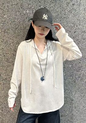 9953春夏韩版宽松大码慵懒休闲风纯色连帽长袖百搭打底T恤