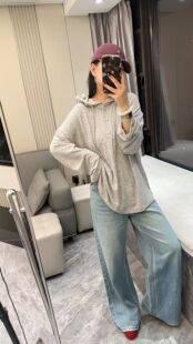 早春秋外搭 6398欢喜韩系慵懒风彩棉连帽半开襟宽松女针织衫