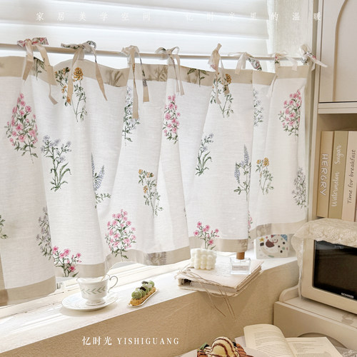 韩式清新花卉白色半帘系带穿杆