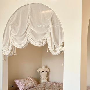 日式亚麻提拉帘弧形拱形门帘复古升降罗马帘免打孔魔术贴隔断纱帘