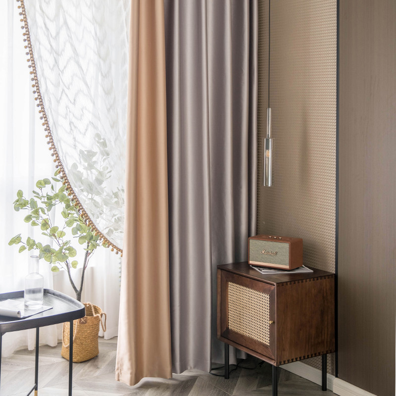 简约现代轻奢仿真丝高精密丝绸质感拼接拼色全遮光落地飘窗窗帘